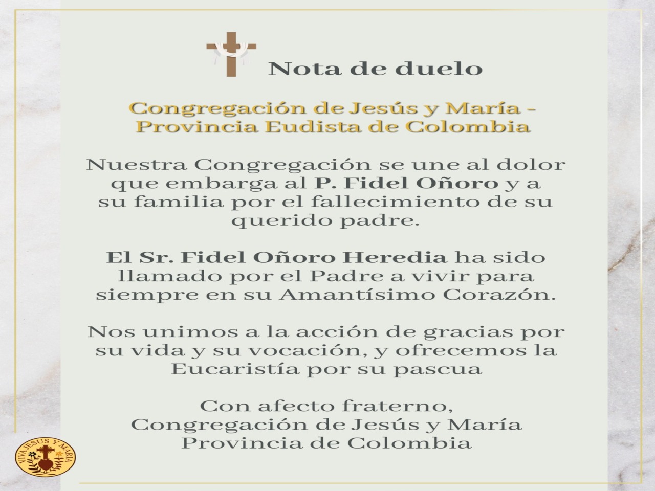 Nuestra solidaridad con el Presbítero Fidel Oñoro por el fallecimiento de su Padre